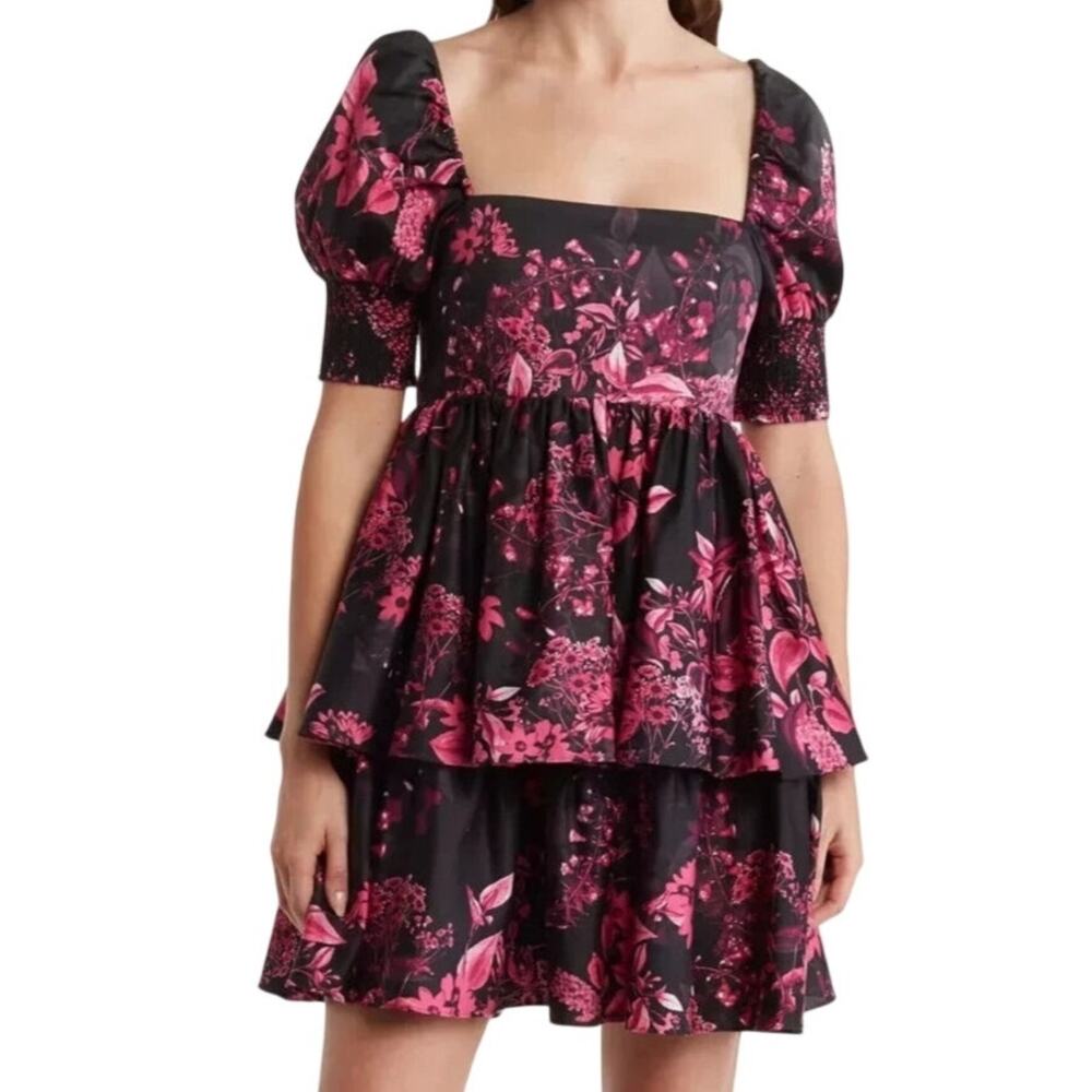 Alice + Olivia Women's Emmalou Puff-Sleeve Tiered Mini Dress Black Pink Size 2